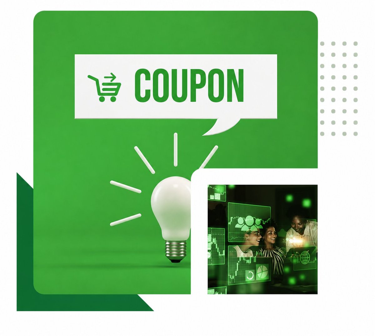 Green coupon banner with glowing lightbulb and shopping cart icon, paired with tech-themed imagery showing connected devices
