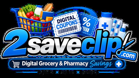 2SaveClip.com logo showing shopping cart with groceries, digital coupon, and pharmacy items for digital grocery and pharmacy savings